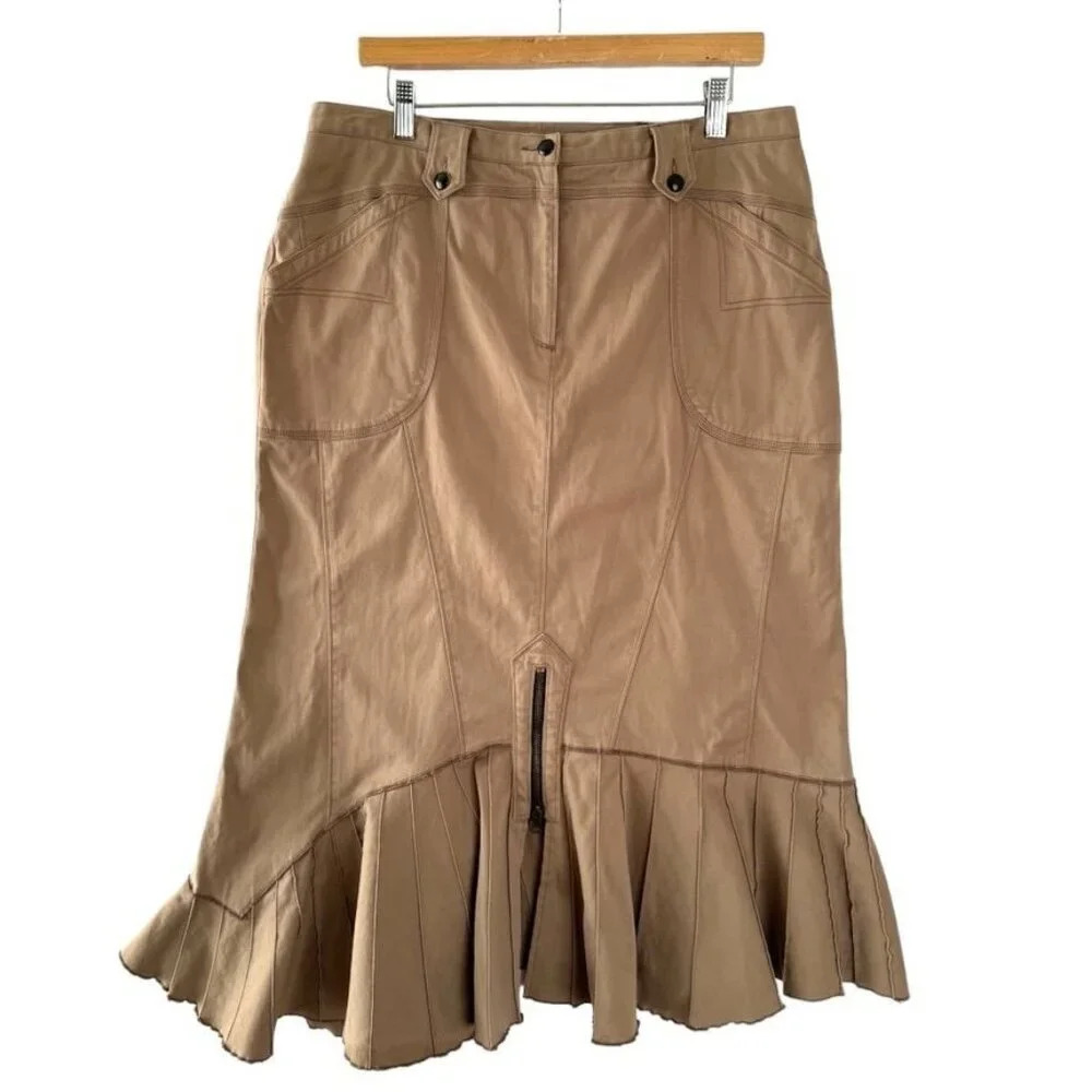 Alain Weiz Cotton Khaki Tan Safari Asymmetrical Pintuck Ruffle Hem Midi Skirt